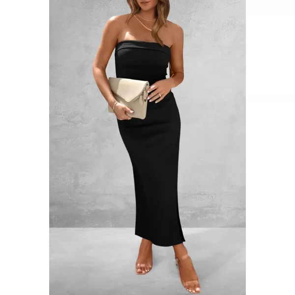 imagePRETTYGARDEN Womens Summer Bodycon Maxi Tube Dress Strapless Side Slit Long Elegant Cocktail Party Wedding Guest DressesBlack