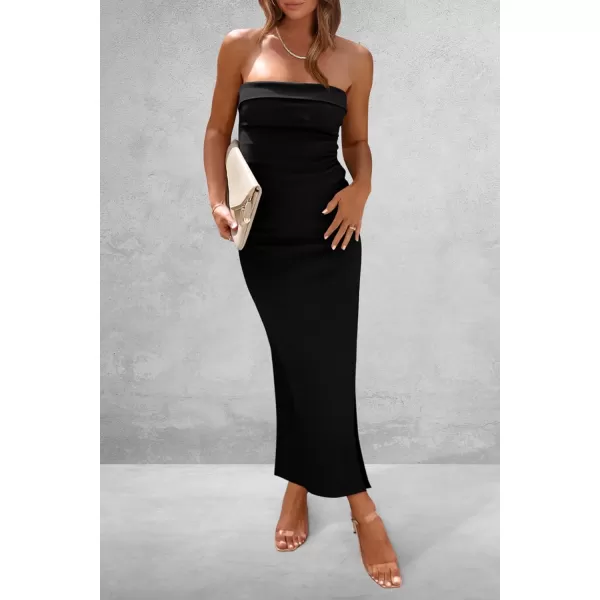imagePRETTYGARDEN Womens Summer Bodycon Maxi Tube Dress Strapless Side Slit Long Elegant Cocktail Party Wedding Guest DressesBlack