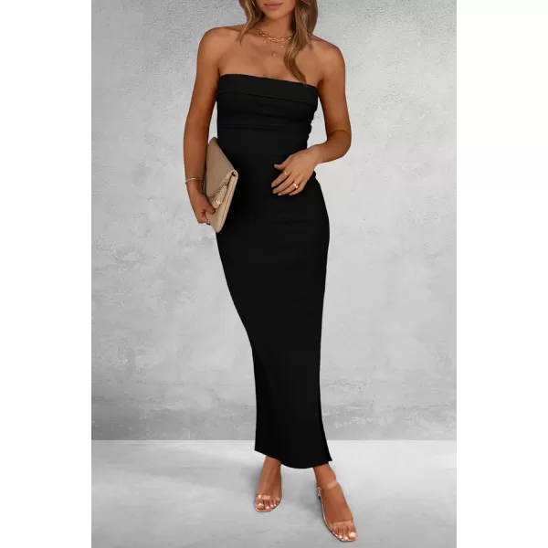 imagePRETTYGARDEN Womens Summer Bodycon Maxi Tube Dress Strapless Side Slit Long Elegant Cocktail Party Wedding Guest DressesBlack