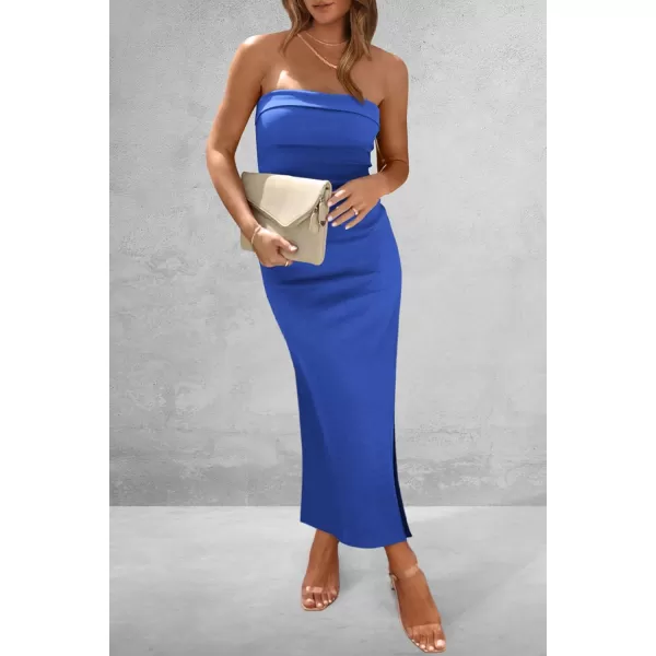 imagePRETTYGARDEN Womens Summer Bodycon Maxi Tube Dress Strapless Side Slit Long Elegant Cocktail Party Wedding Guest DressesBlue
