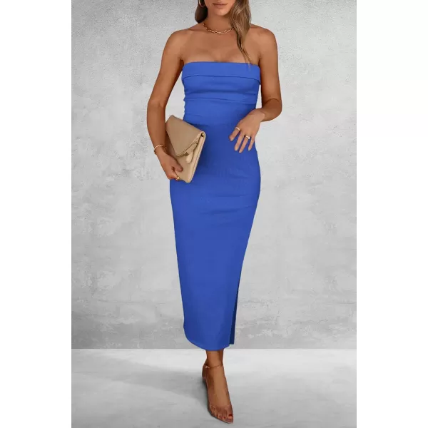 imagePRETTYGARDEN Womens Summer Bodycon Maxi Tube Dress Strapless Side Slit Long Elegant Cocktail Party Wedding Guest DressesBlue