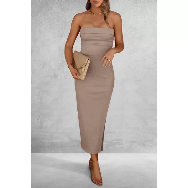 imagePRETTYGARDEN Womens Summer Bodycon Maxi Tube Dress Strapless Side Slit Long Elegant Cocktail Party Wedding Guest DressesKhaki