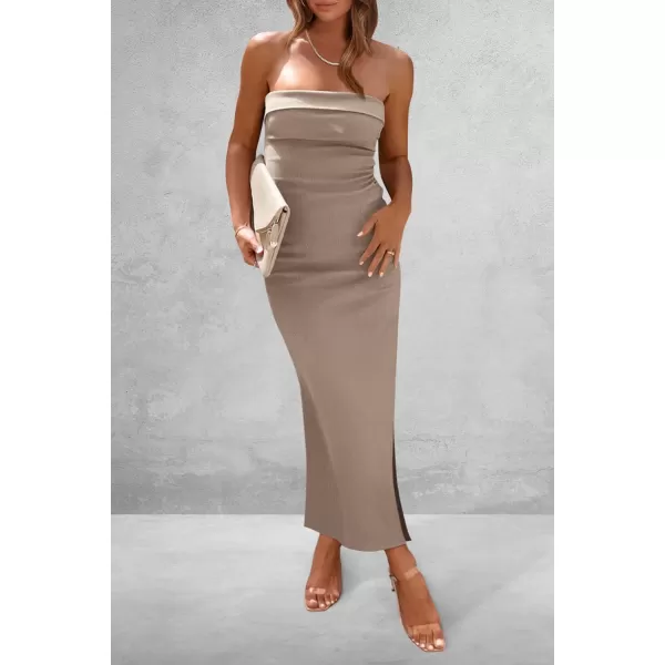 imagePRETTYGARDEN Womens Summer Bodycon Maxi Tube Dress Strapless Side Slit Long Elegant Cocktail Party Wedding Guest DressesKhaki