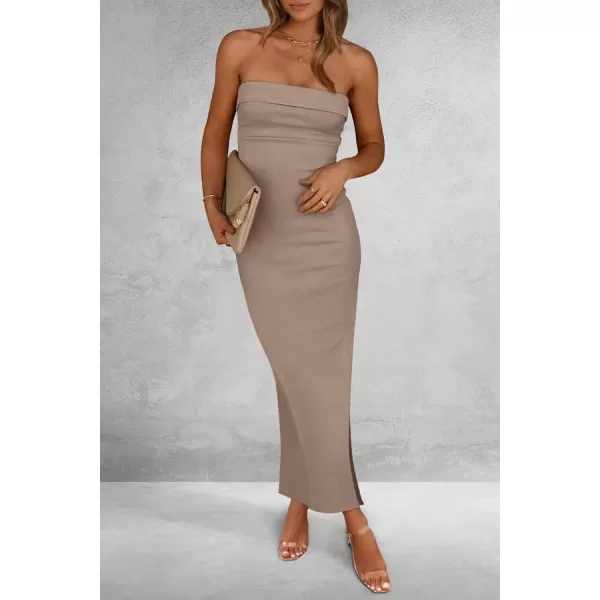 imagePRETTYGARDEN Womens Summer Bodycon Maxi Tube Dress Strapless Side Slit Long Elegant Cocktail Party Wedding Guest DressesKhaki