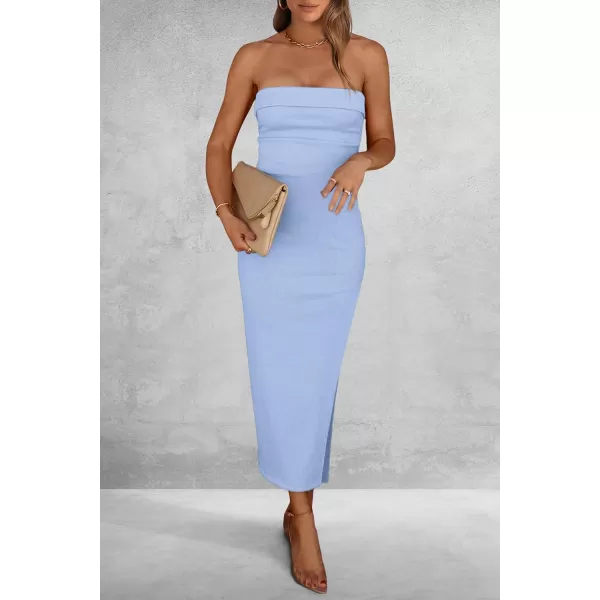 imagePRETTYGARDEN Womens Summer Bodycon Maxi Tube Dress Strapless Side Slit Long Elegant Cocktail Party Wedding Guest DressesLight Blue