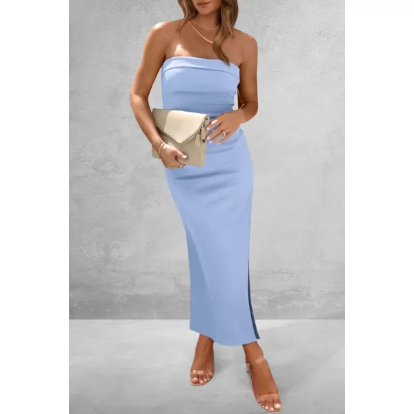 imagePRETTYGARDEN Womens Summer Bodycon Maxi Tube Dress Strapless Side Slit Long Elegant Cocktail Party Wedding Guest DressesLight Blue