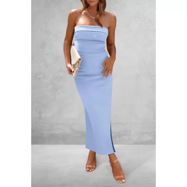 imagePRETTYGARDEN Womens Summer Bodycon Maxi Tube Dress Strapless Side Slit Long Elegant Cocktail Party Wedding Guest DressesLight Blue
