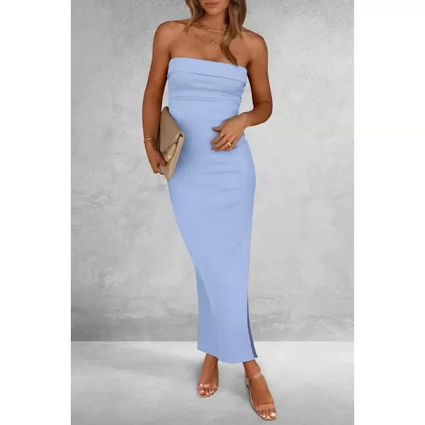 imagePRETTYGARDEN Womens Summer Bodycon Maxi Tube Dress Strapless Side Slit Long Elegant Cocktail Party Wedding Guest DressesLight Blue
