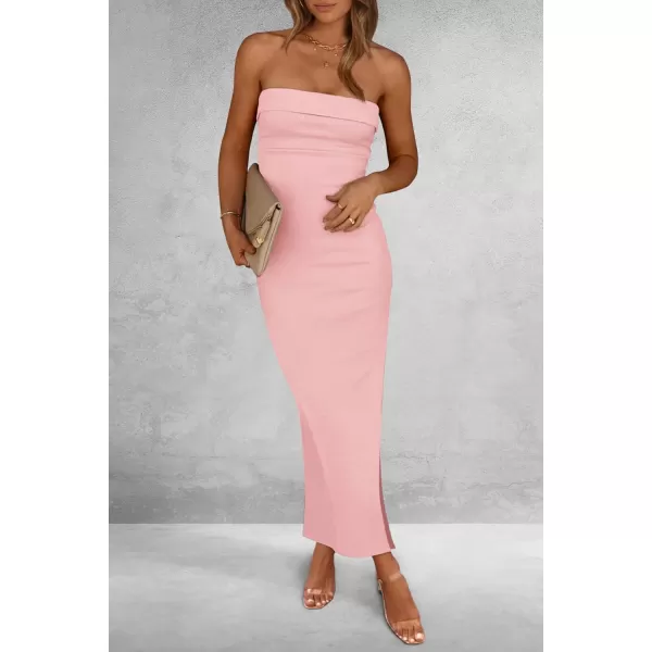 imagePRETTYGARDEN Womens Summer Bodycon Maxi Tube Dress Strapless Side Slit Long Elegant Cocktail Party Wedding Guest DressesPink