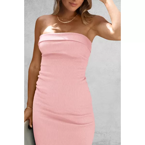 imagePRETTYGARDEN Womens Summer Bodycon Maxi Tube Dress Strapless Side Slit Long Elegant Cocktail Party Wedding Guest DressesPink