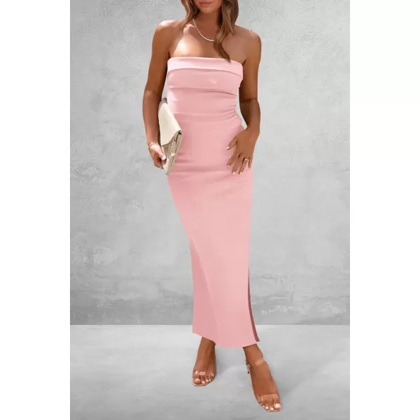 imagePRETTYGARDEN Womens Summer Bodycon Maxi Tube Dress Strapless Side Slit Long Elegant Cocktail Party Wedding Guest DressesPink