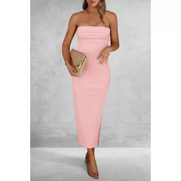imagePRETTYGARDEN Womens Summer Bodycon Maxi Tube Dress Strapless Side Slit Long Elegant Cocktail Party Wedding Guest DressesPink
