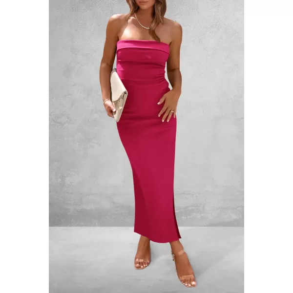 imagePRETTYGARDEN Womens Summer Bodycon Maxi Tube Dress Strapless Side Slit Long Elegant Cocktail Party Wedding Guest DressesRose Red