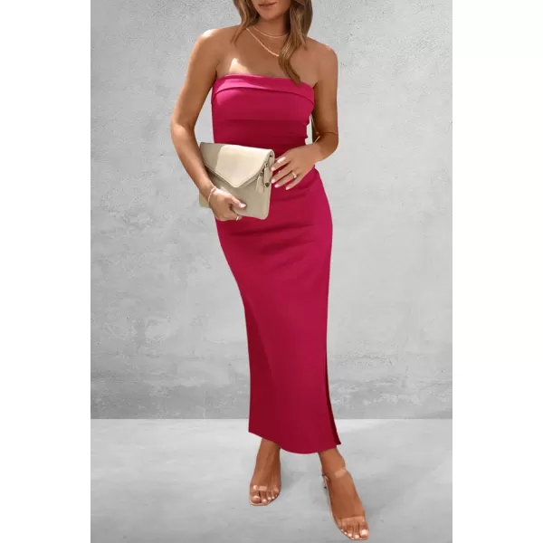 imagePRETTYGARDEN Womens Summer Bodycon Maxi Tube Dress Strapless Side Slit Long Elegant Cocktail Party Wedding Guest DressesRose Red