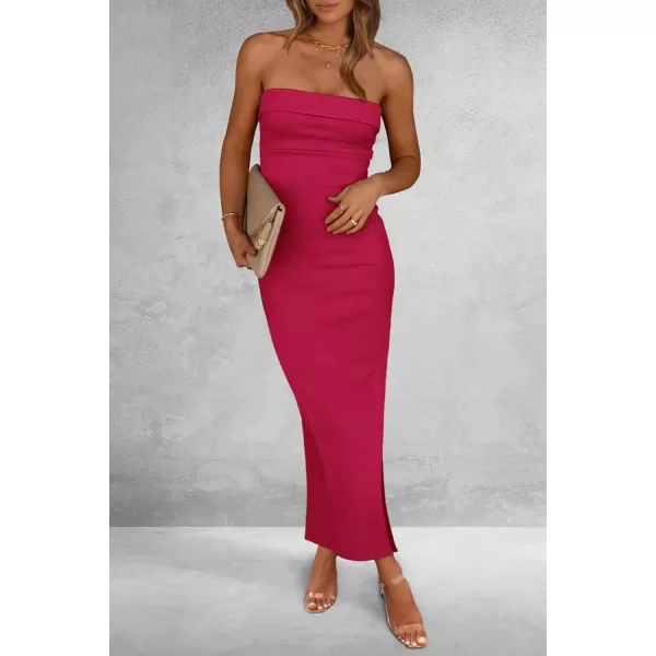 imagePRETTYGARDEN Womens Summer Bodycon Maxi Tube Dress Strapless Side Slit Long Elegant Cocktail Party Wedding Guest DressesRose Red