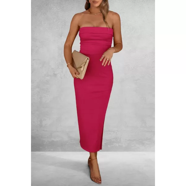 imagePRETTYGARDEN Womens Summer Bodycon Maxi Tube Dress Strapless Side Slit Long Elegant Cocktail Party Wedding Guest DressesRose Red