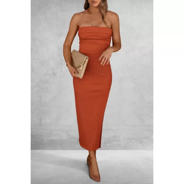 imagePRETTYGARDEN Womens Summer Bodycon Maxi Tube Dress Strapless Side Slit Long Elegant Cocktail Party Wedding Guest DressesRust Red