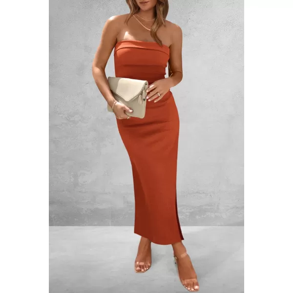 imagePRETTYGARDEN Womens Summer Bodycon Maxi Tube Dress Strapless Side Slit Long Elegant Cocktail Party Wedding Guest DressesRust Red