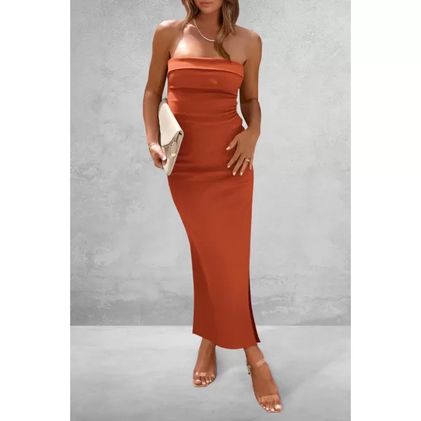 imagePRETTYGARDEN Womens Summer Bodycon Maxi Tube Dress Strapless Side Slit Long Elegant Cocktail Party Wedding Guest DressesRust Red