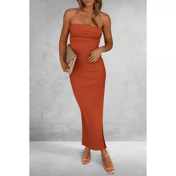 imagePRETTYGARDEN Womens Summer Bodycon Maxi Tube Dress Strapless Side Slit Long Elegant Cocktail Party Wedding Guest DressesRust Red