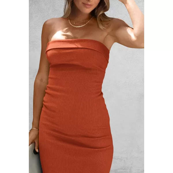 imagePRETTYGARDEN Womens Summer Bodycon Maxi Tube Dress Strapless Side Slit Long Elegant Cocktail Party Wedding Guest DressesRust Red