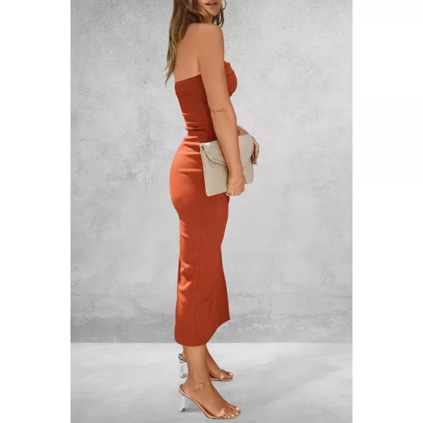 imagePRETTYGARDEN Womens Summer Bodycon Maxi Tube Dress Strapless Side Slit Long Elegant Cocktail Party Wedding Guest DressesRust Red