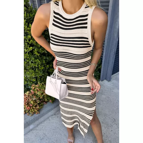 imagePRETTYGARDEN Womens Summer Bodycon Sundresses Casual Midi Sleeveless Hollow Out Knit Side Slit Striped Long Tank DressApricot