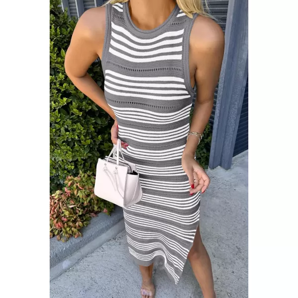 imagePRETTYGARDEN Womens Summer Bodycon Sundresses Casual Midi Sleeveless Hollow Out Knit Side Slit Striped Long Tank DressGrey