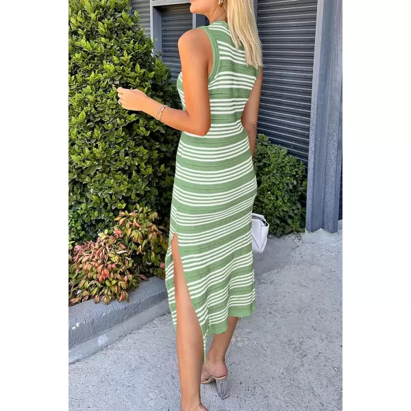 imagePRETTYGARDEN Womens Summer Bodycon Sundresses Casual Midi Sleeveless Hollow Out Knit Side Slit Striped Long Tank DressLight Green