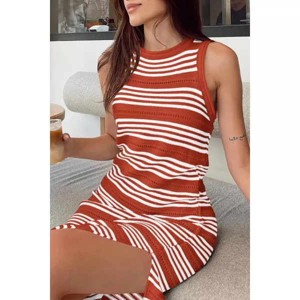 imagePRETTYGARDEN Womens Summer Bodycon Sundresses Casual Midi Sleeveless Hollow Out Knit Side Slit Striped Long Tank DressRust Red