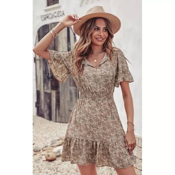 imagePRETTYGARDEN Womens Summer Boho Dress Casual Short Sleeve Tie V Neck Ruffle Floral Print Mini Skater DressesApricot
