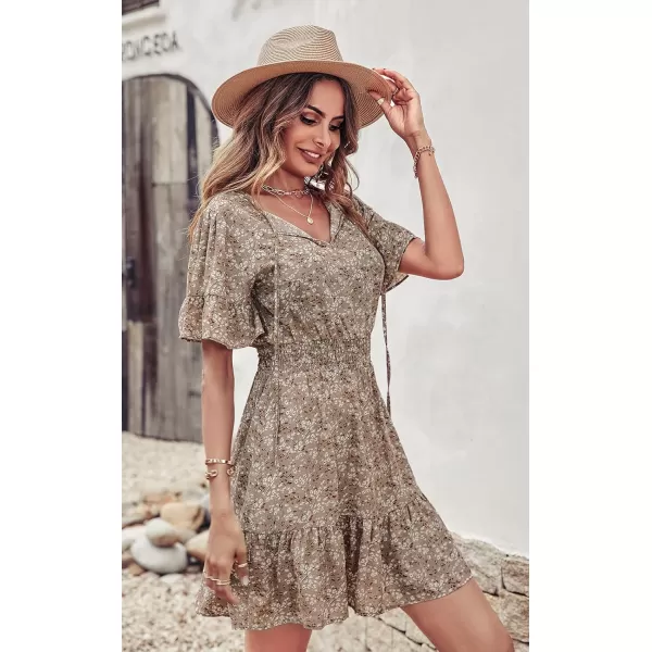 imagePRETTYGARDEN Womens Summer Boho Dress Casual Short Sleeve Tie V Neck Ruffle Floral Print Mini Skater DressesApricot