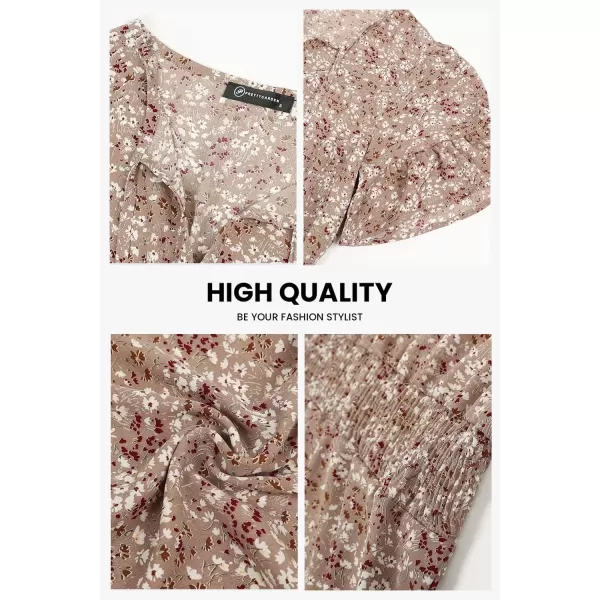 imagePRETTYGARDEN Womens Summer Boho Dress Casual Short Sleeve Tie V Neck Ruffle Floral Print Mini Skater DressesApricot