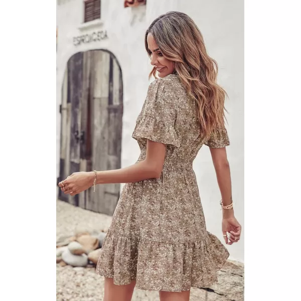 imagePRETTYGARDEN Womens Summer Boho Dress Casual Short Sleeve Tie V Neck Ruffle Floral Print Mini Skater DressesApricot