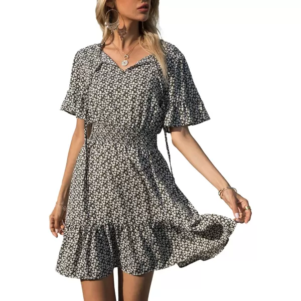 imagePRETTYGARDEN Womens Summer Boho Dress Casual Short Sleeve Tie V Neck Ruffle Floral Print Mini Skater DressesBlack