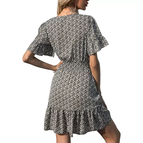 imagePRETTYGARDEN Womens Summer Boho Dress Casual Short Sleeve Tie V Neck Ruffle Floral Print Mini Skater DressesBlack