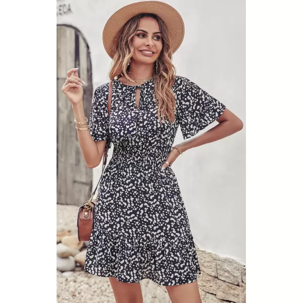 imagePRETTYGARDEN Womens Summer Boho Dress Casual Short Sleeve Tie V Neck Ruffle Floral Print Mini Skater DressesBlack Leopard
