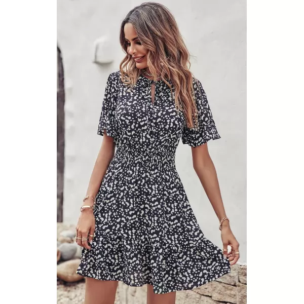 imagePRETTYGARDEN Womens Summer Boho Dress Casual Short Sleeve Tie V Neck Ruffle Floral Print Mini Skater DressesBlack Leopard