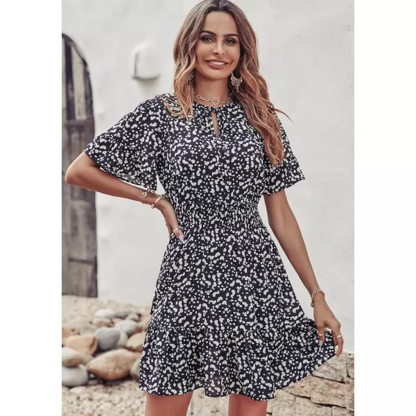 imagePRETTYGARDEN Womens Summer Boho Dress Casual Short Sleeve Tie V Neck Ruffle Floral Print Mini Skater DressesBlack Leopard