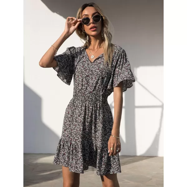 imagePRETTYGARDEN Womens Summer Boho Dress Casual Short Sleeve Tie V Neck Ruffle Floral Print Mini Skater DressesBlack Red
