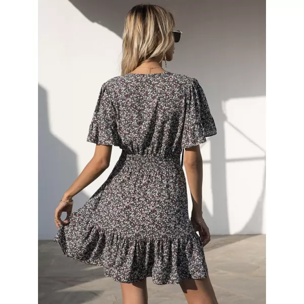 imagePRETTYGARDEN Womens Summer Boho Dress Casual Short Sleeve Tie V Neck Ruffle Floral Print Mini Skater DressesBlack Red