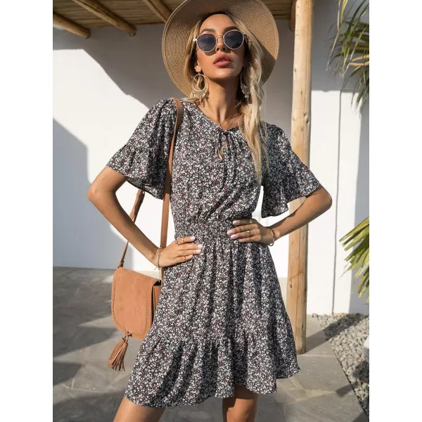 imagePRETTYGARDEN Womens Summer Boho Dress Casual Short Sleeve Tie V Neck Ruffle Floral Print Mini Skater DressesBlack Red