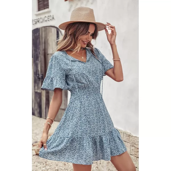 imagePRETTYGARDEN Womens Summer Boho Dress Casual Short Sleeve Tie V Neck Ruffle Floral Print Mini Skater DressesBlue