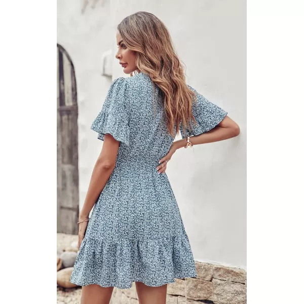 imagePRETTYGARDEN Womens Summer Boho Dress Casual Short Sleeve Tie V Neck Ruffle Floral Print Mini Skater DressesBlue