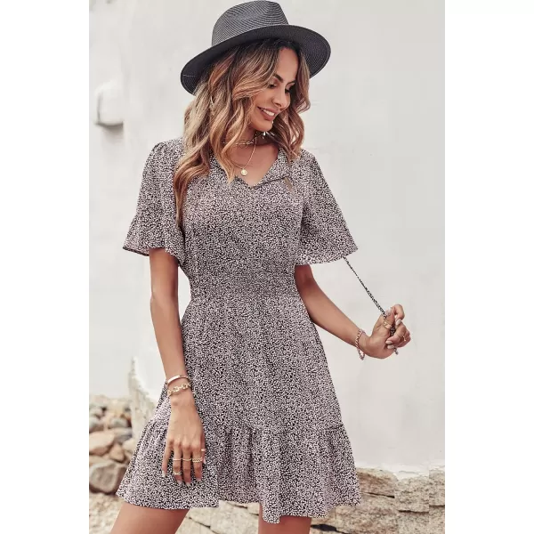 imagePRETTYGARDEN Womens Summer Boho Dress Casual Short Sleeve Tie V Neck Ruffle Floral Print Mini Skater DressesCoffee