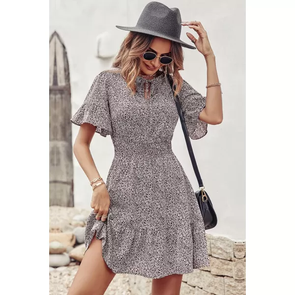 imagePRETTYGARDEN Womens Summer Boho Dress Casual Short Sleeve Tie V Neck Ruffle Floral Print Mini Skater DressesCoffee