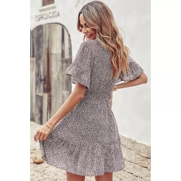 imagePRETTYGARDEN Womens Summer Boho Dress Casual Short Sleeve Tie V Neck Ruffle Floral Print Mini Skater DressesCoffee