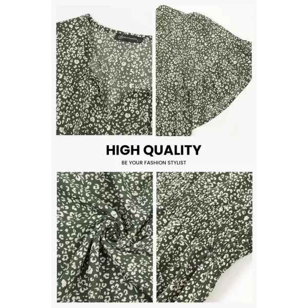 imagePRETTYGARDEN Womens Summer Boho Dress Casual Short Sleeve Tie V Neck Ruffle Floral Print Mini Skater DressesDark Green