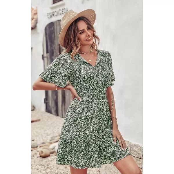 imagePRETTYGARDEN Womens Summer Boho Dress Casual Short Sleeve Tie V Neck Ruffle Floral Print Mini Skater DressesDark Green