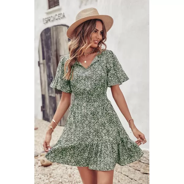 imagePRETTYGARDEN Womens Summer Boho Dress Casual Short Sleeve Tie V Neck Ruffle Floral Print Mini Skater DressesDark Green